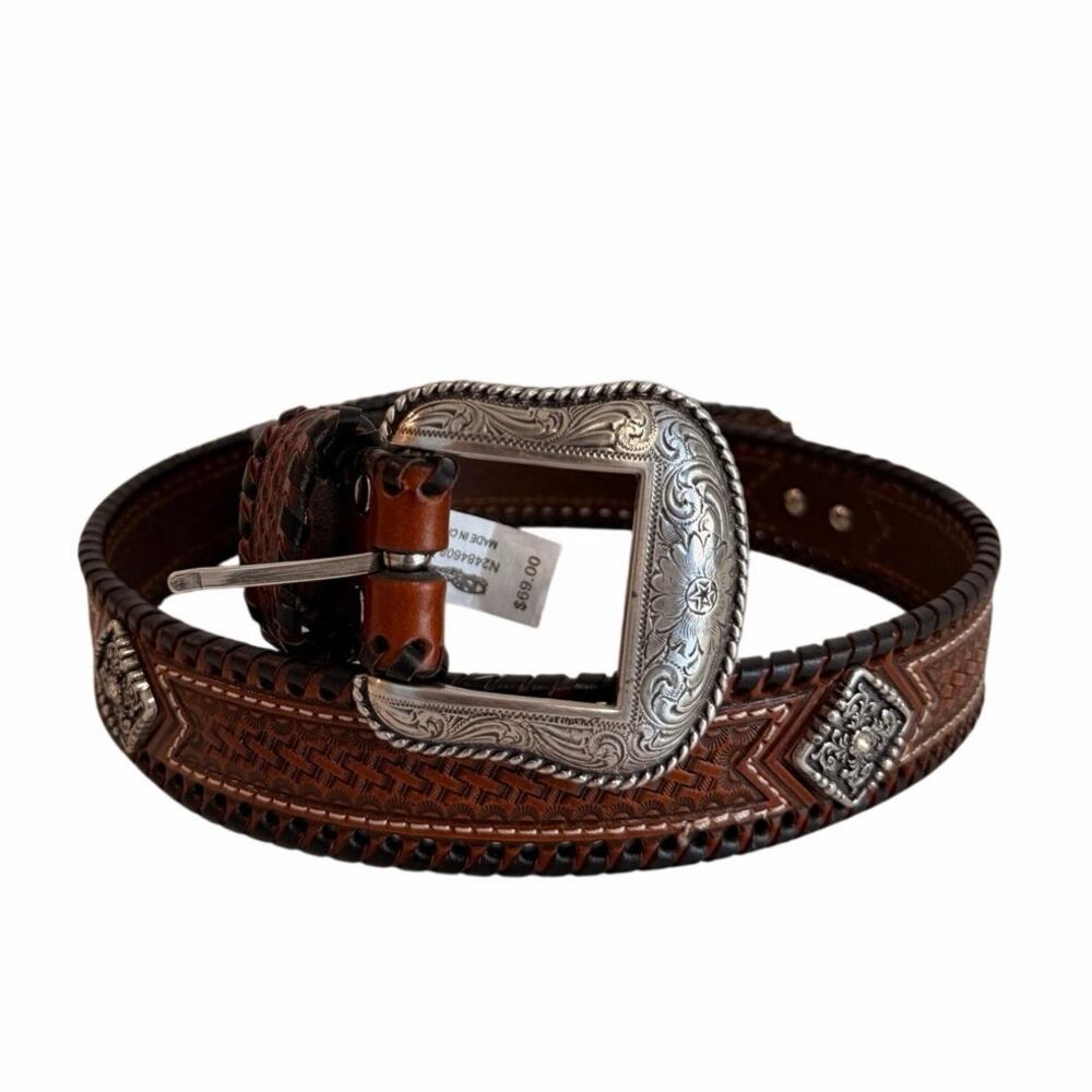 Nocona Leather Brown Silver Floral Engraved Western Belt Sz 32 GREAT MSRP $69